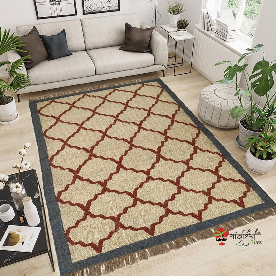 Handwoven Wool Jute Kilim Rug – Traditional Indian Dhurrie with Geometric Motifs