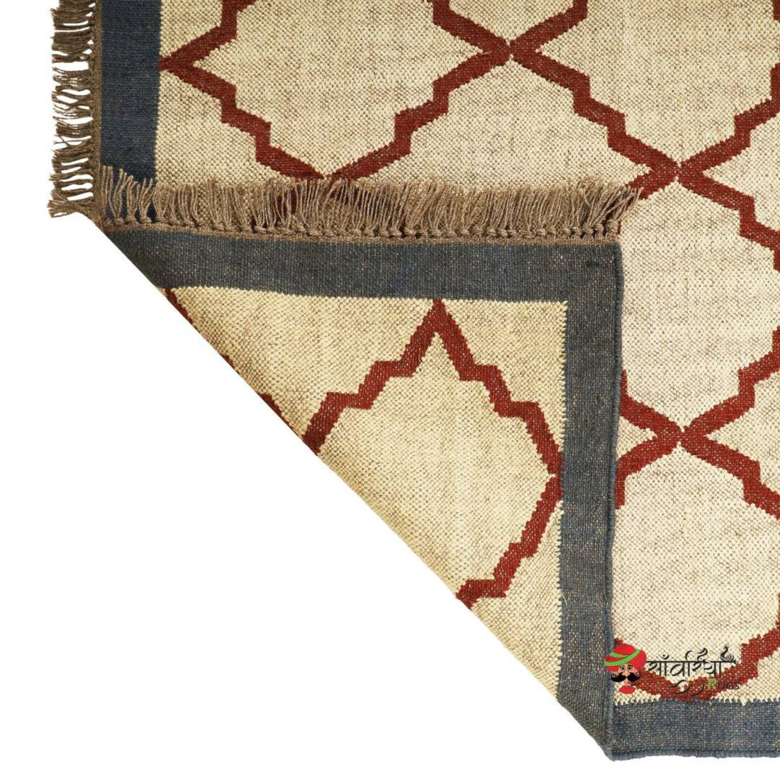 Handwoven Wool Jute Kilim Rug – Traditional Indian Dhurrie with Geometric Motifs