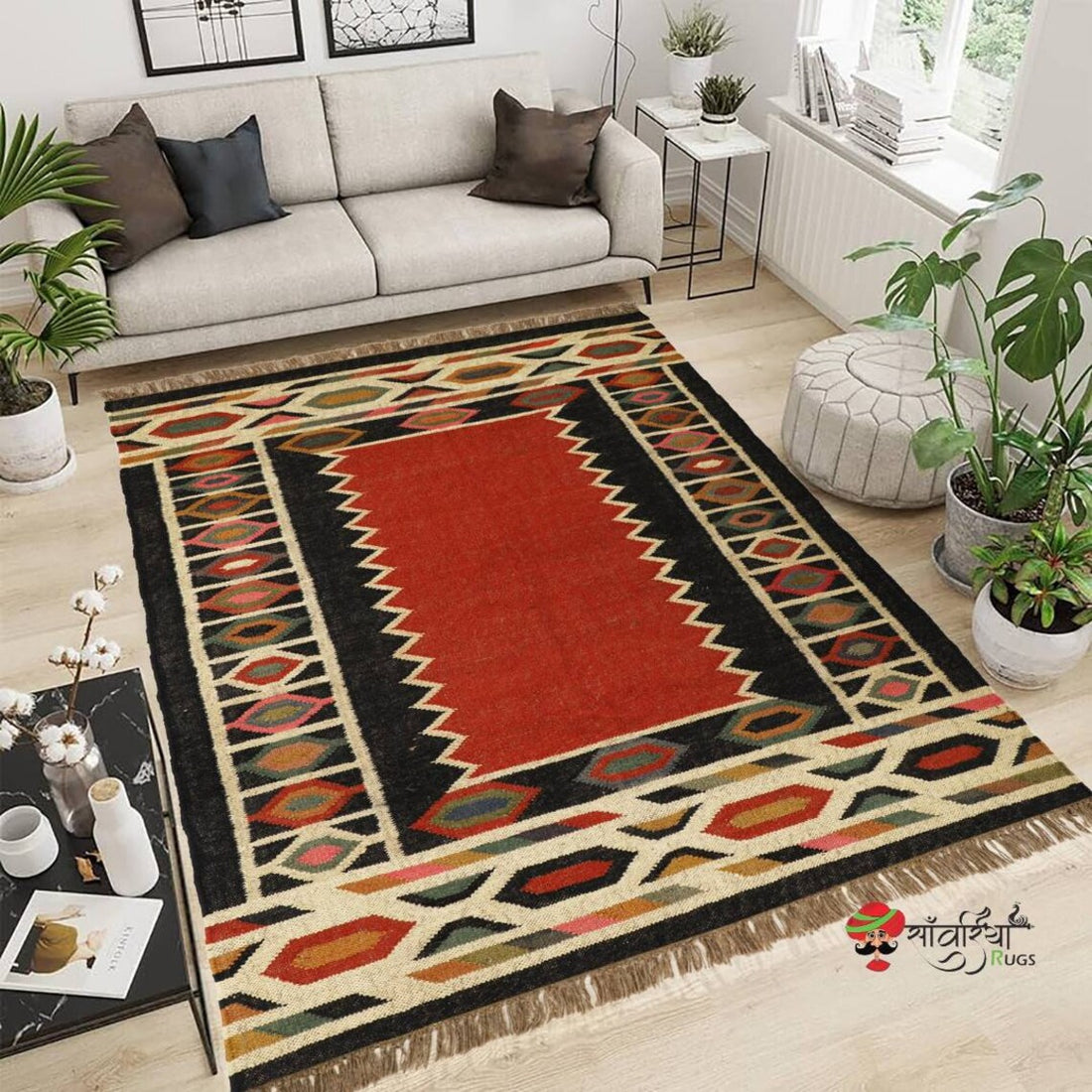 Handwoven Wool Jute Kilim Rug – Traditional Geometric Indian Dhurrie Carpet