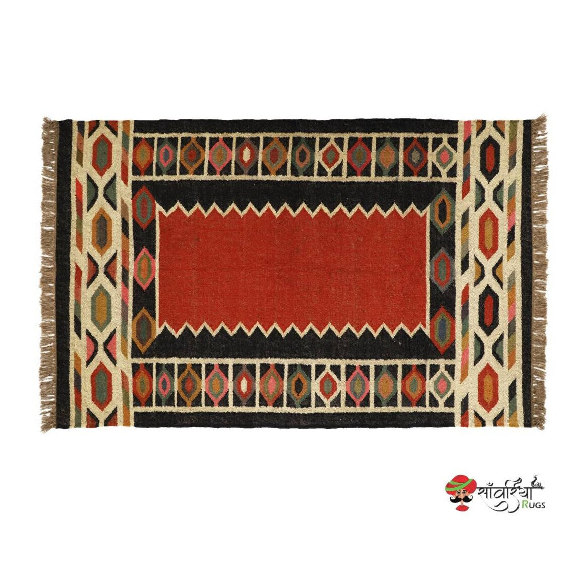 Handwoven Wool Jute Kilim Rug – Traditional Geometric Indian Dhurrie Carpet