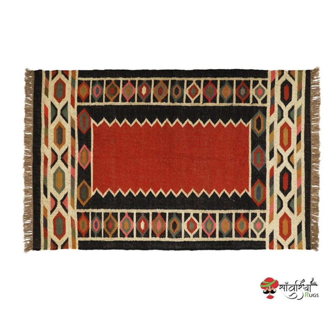 Handwoven Wool Jute Kilim Rug – Traditional Geometric Indian Dhurrie Carpet