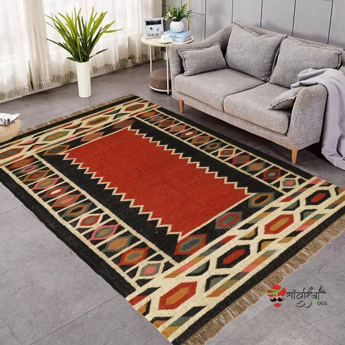 Handwoven Wool Jute Kilim Rug – Traditional Geometric Indian Dhurrie Carpet
