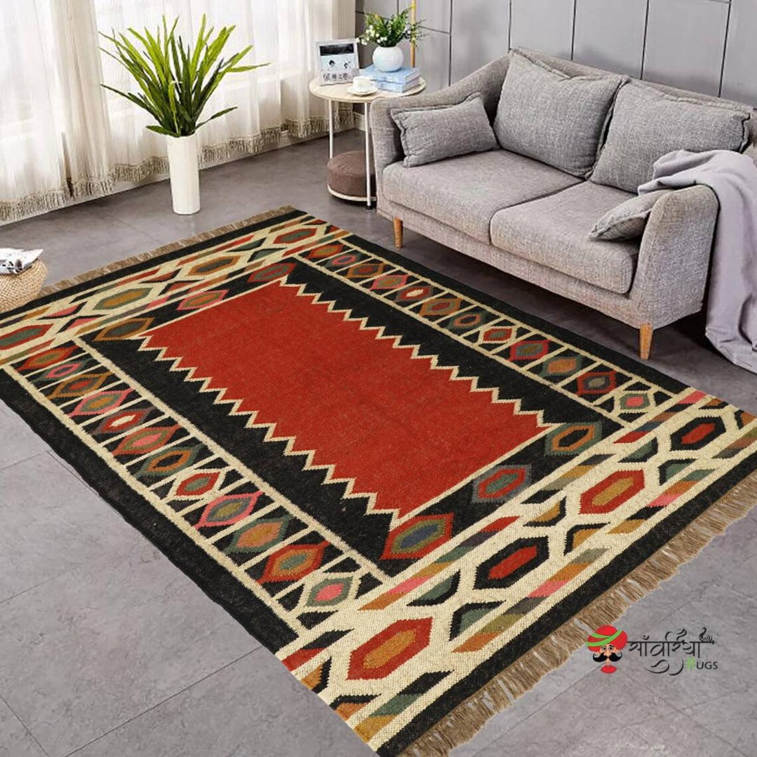Handwoven Wool Jute Kilim Rug – Traditional Geometric Indian Dhurrie Carpet