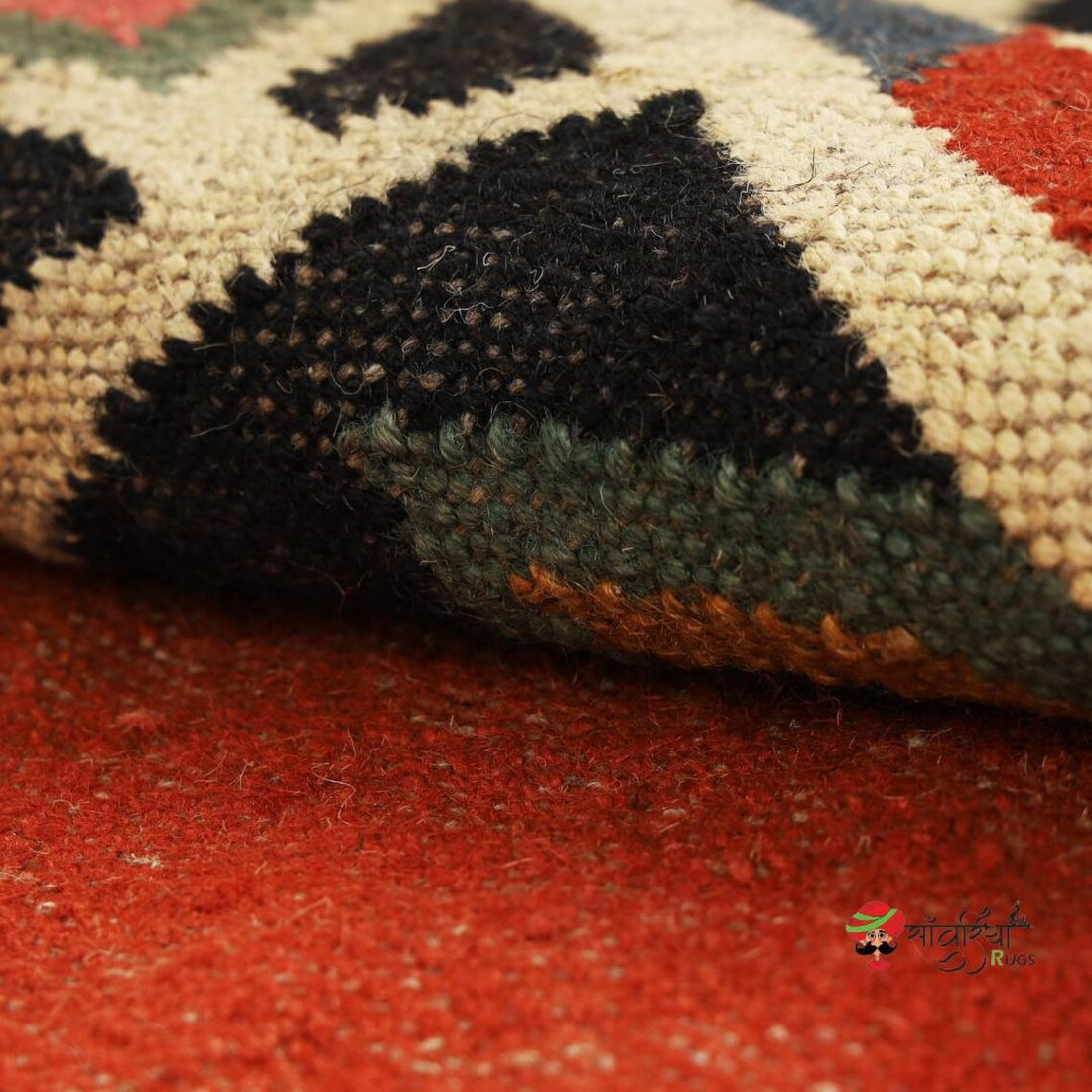 Handwoven Wool Jute Kilim Rug – Traditional Geometric Indian Dhurrie Carpet