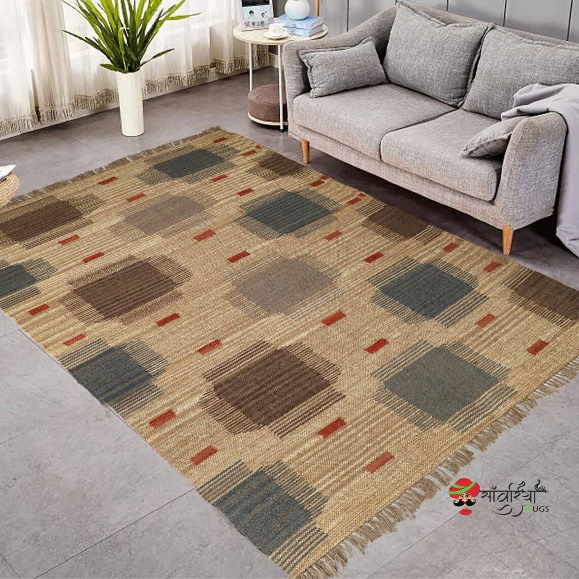 Handmade Wool and Jute Kilim Rug