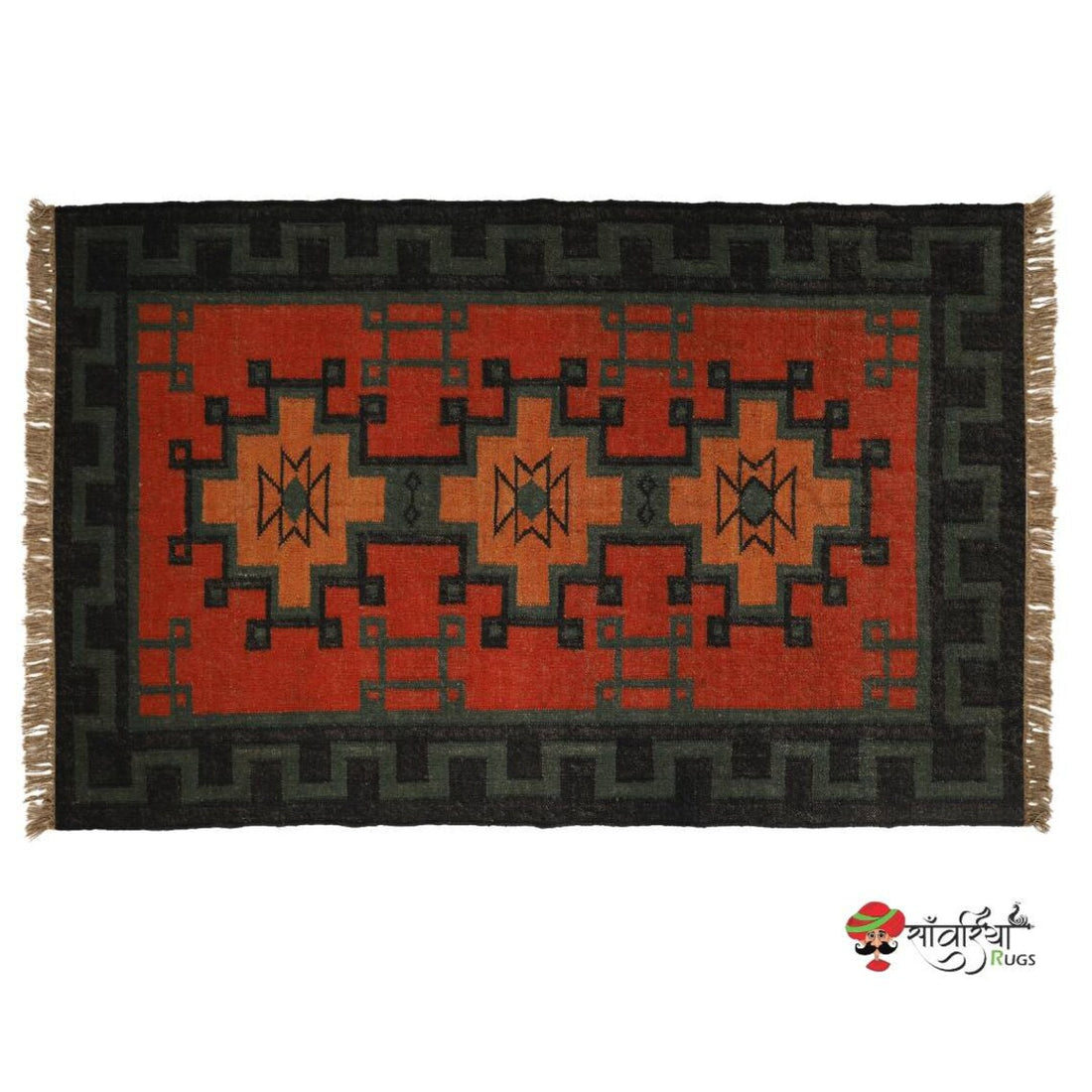 Handmade Wool and Jute Kilim Rug – Traditional Geometric Indian Dhurrie Carpet