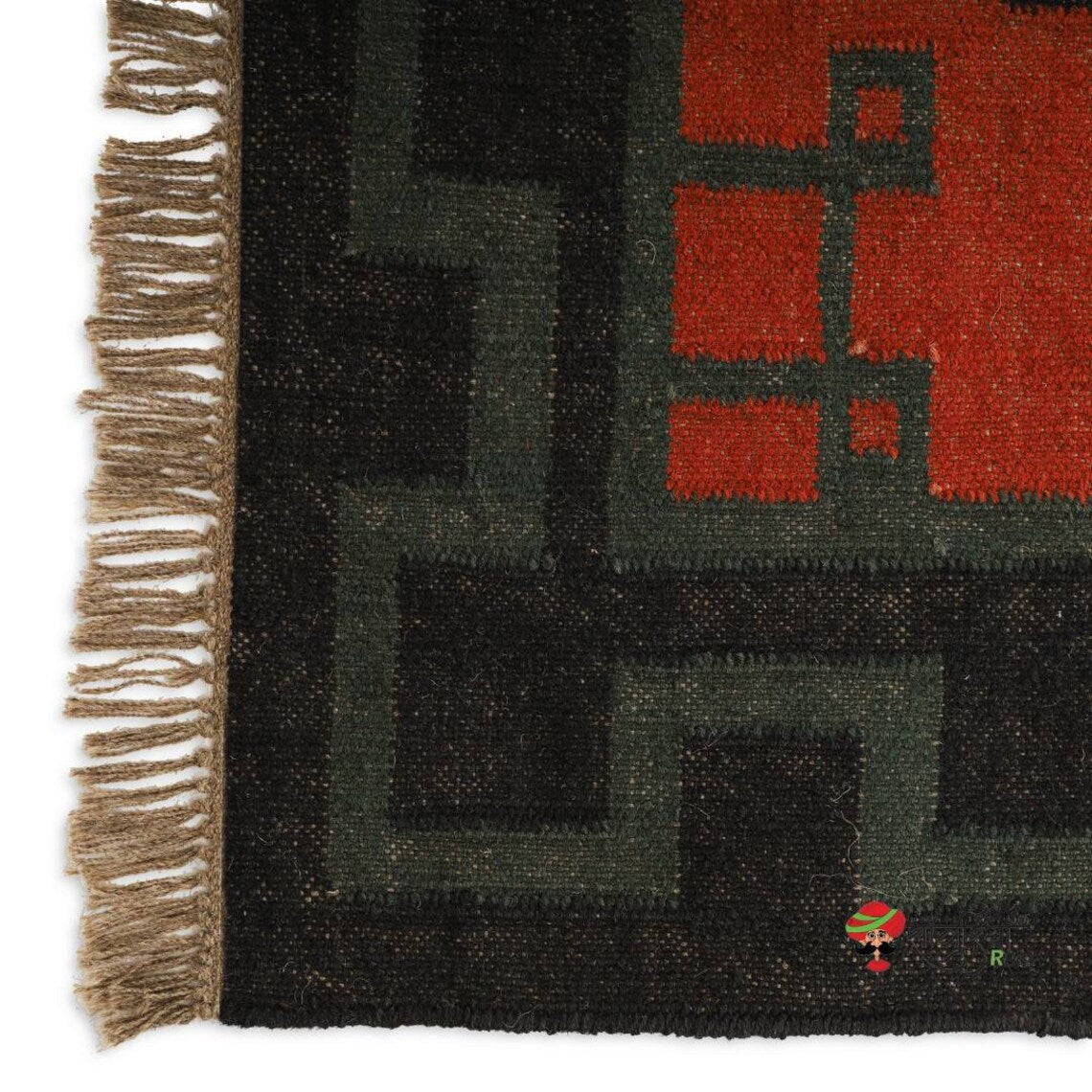 Handmade Wool and Jute Kilim Rug – Traditional Geometric Indian Dhurrie Carpet