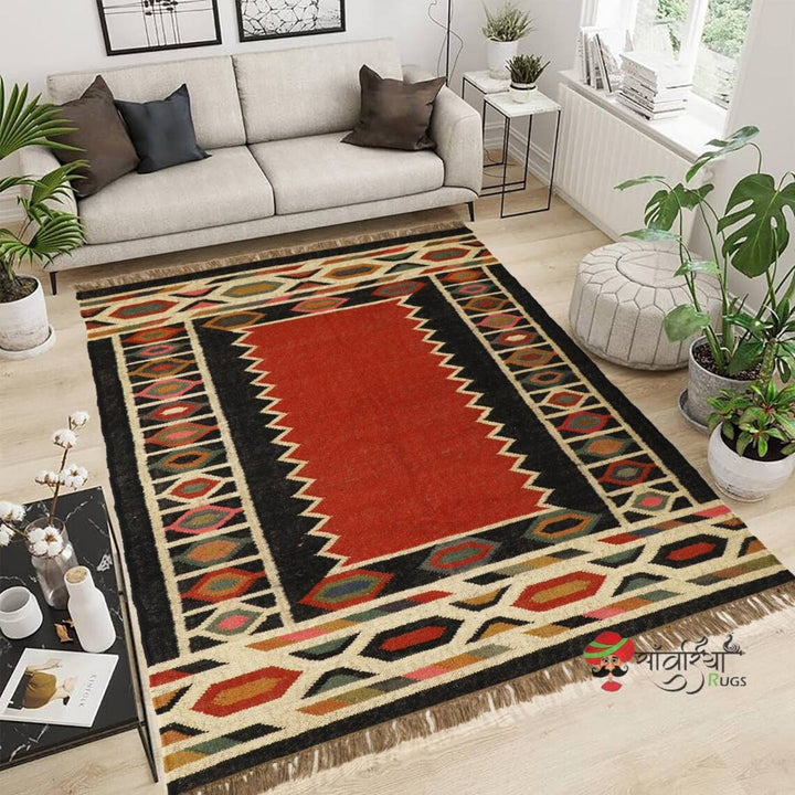 Handwoven Wool Jute Kilim Rug – Traditional Oriental Dhurrie Carpet for Living Room & Home Décor
