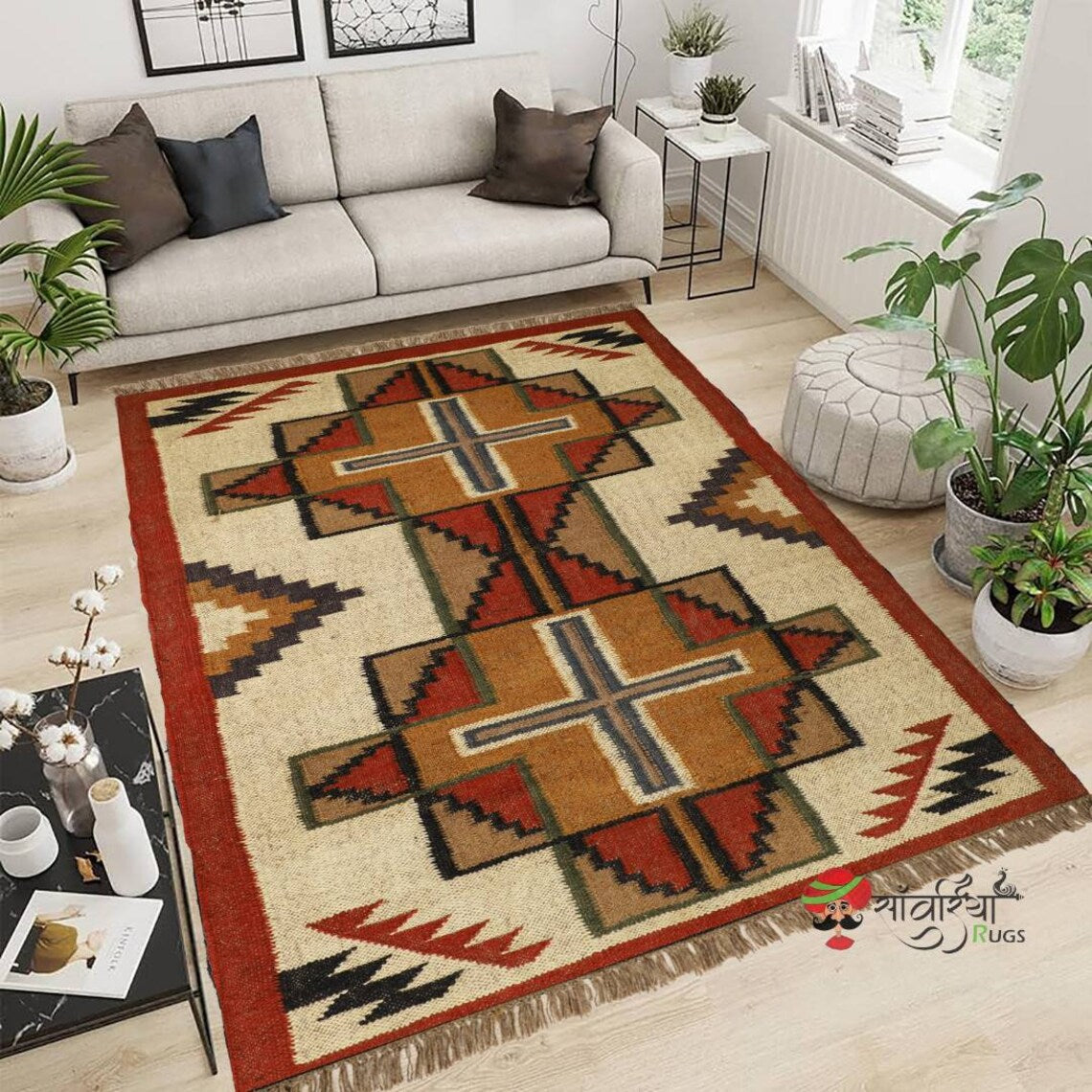 Handwoven Kilim Wool Jute Rug – Traditional Geometric Dhurrie Carpet for Living Room & Boho Home Décor