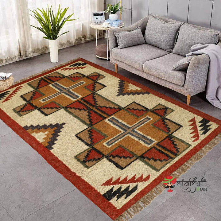 Handwoven Kilim Wool Jute Rug – Traditional Geometric Dhurrie Carpet for Living Room & Boho Home Décor
