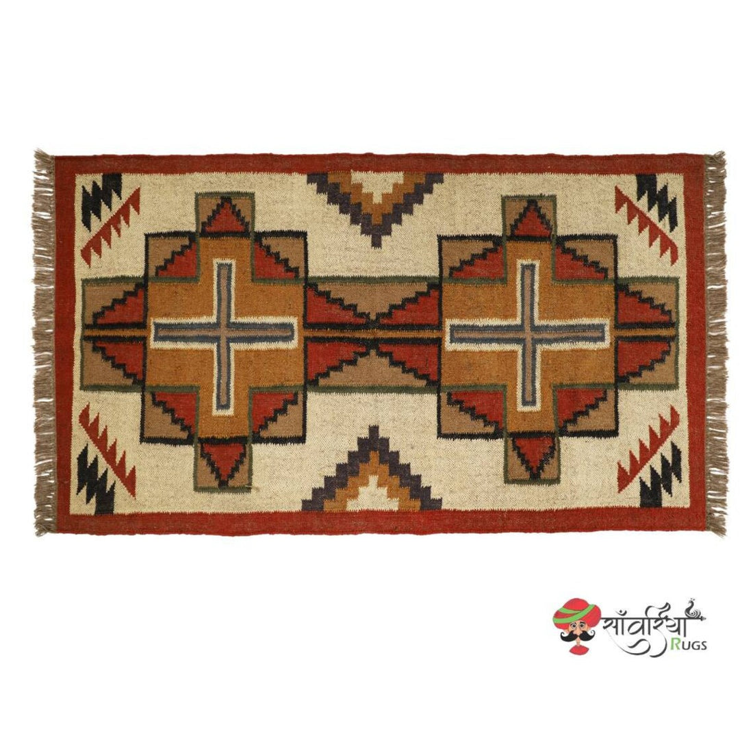 Handwoven Kilim Wool Jute Rug – Traditional Geometric Dhurrie Carpet for Living Room & Boho Home Décor
