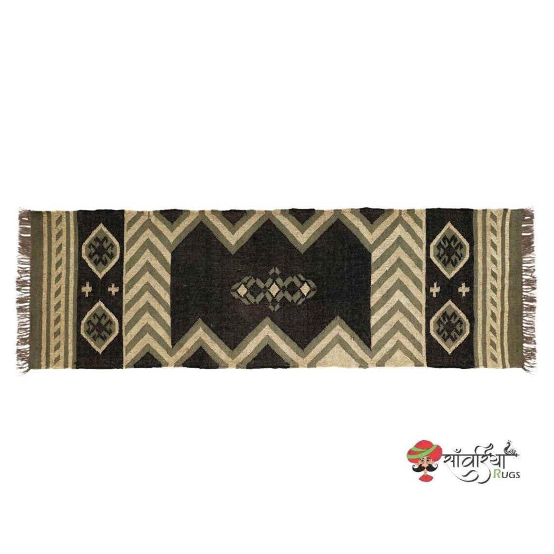 Handwoven Wool Jute Kilim Runner Rug with Traditional Oriental Geometric Patterns
