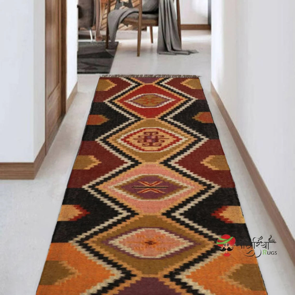 Kilim runner Handwoven Wool Jute Rug Handmade Kilim Dhurrie Rug, Motifs Oriental Traditional