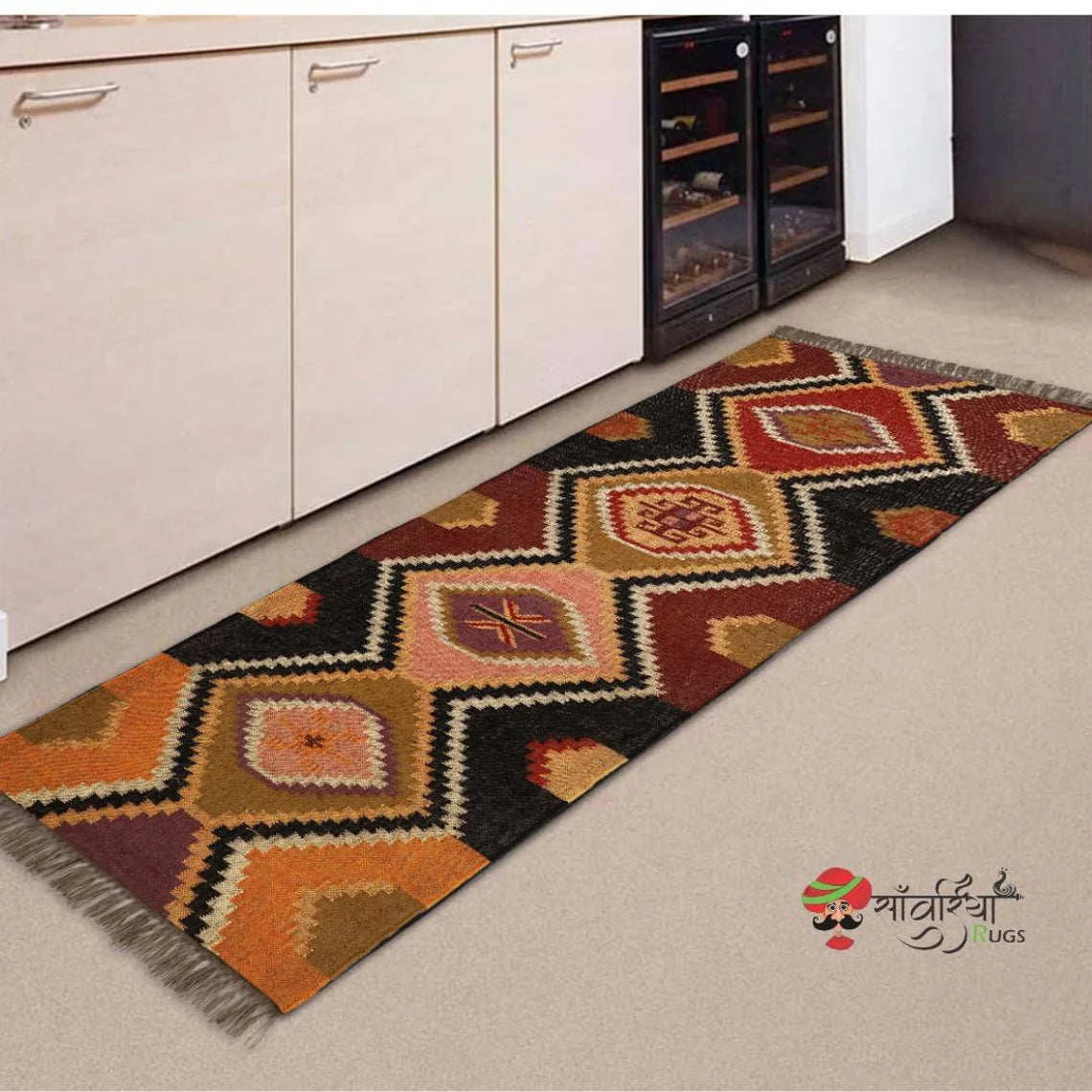 Kilim runner Handwoven Wool Jute Rug Handmade Kilim Dhurrie Rug, Motifs Oriental Traditional