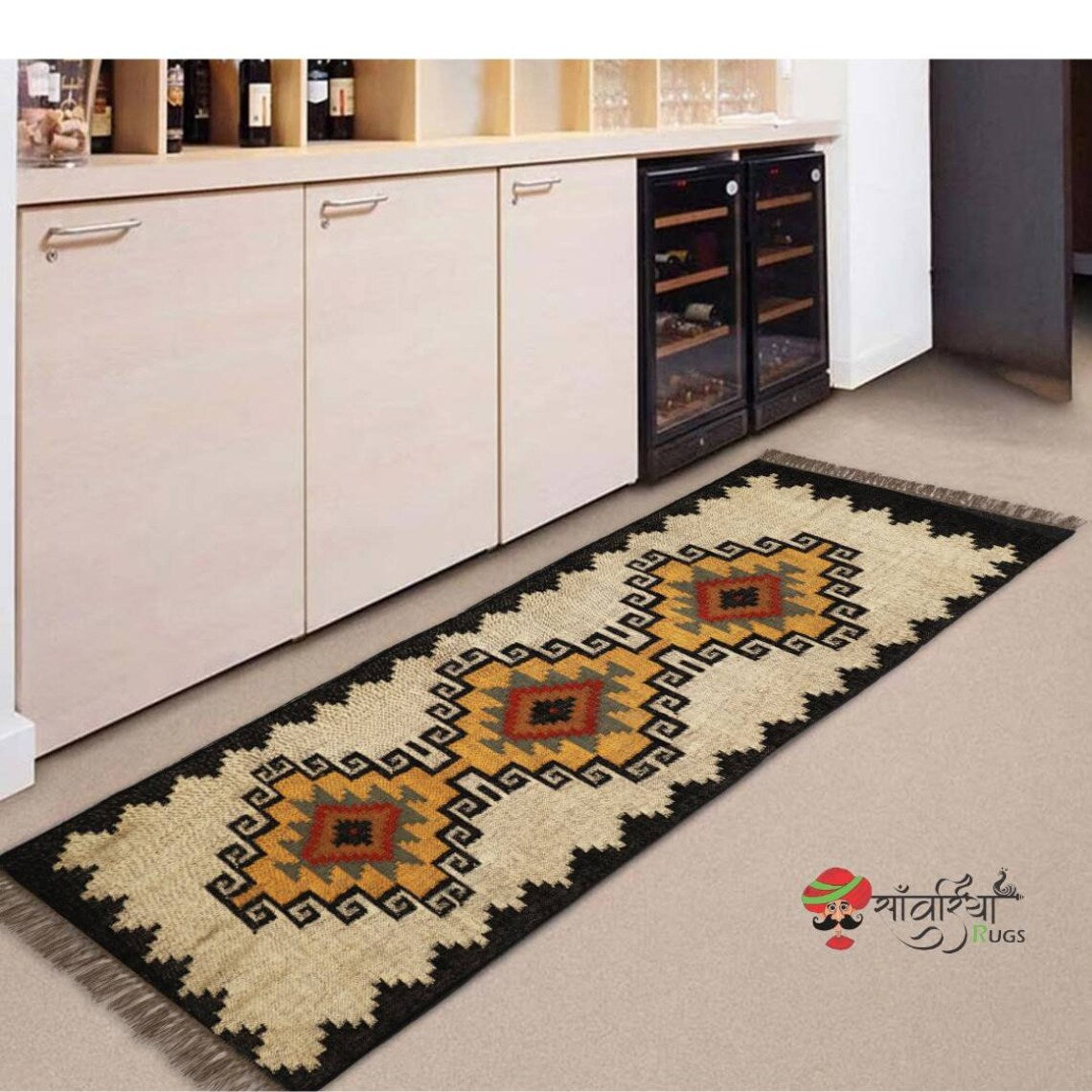 Handwoven Wool Jute Rug Handmade Kilim Dhurrie Rug, Motifs Oriental