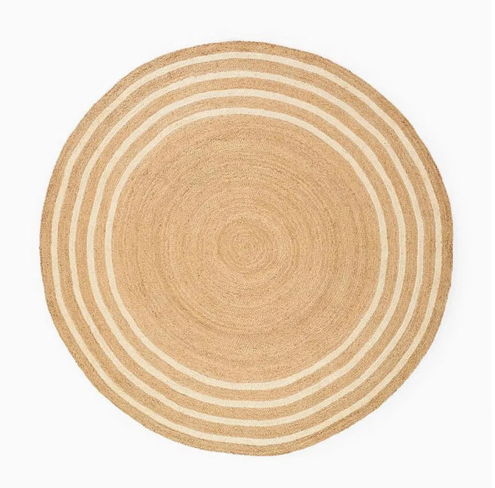 Handmade Braided Round Jute Rug – Natural Beige & White Area Rug for Living Room, Bedroom, or Entryway – Rustic Jute Floor Mat