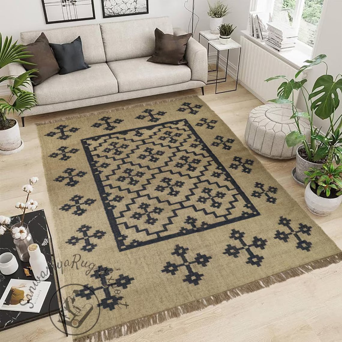 Handmade Wool Jute Kilim Rug – Geometric Indian Dhurrie