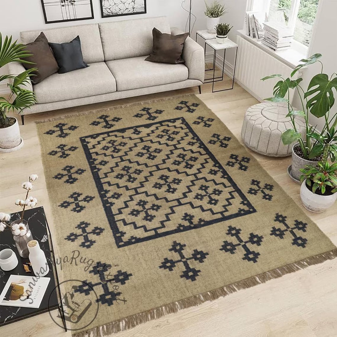 Handmade Wool Jute Kilim Rug – Geometric Indian Dhurrie