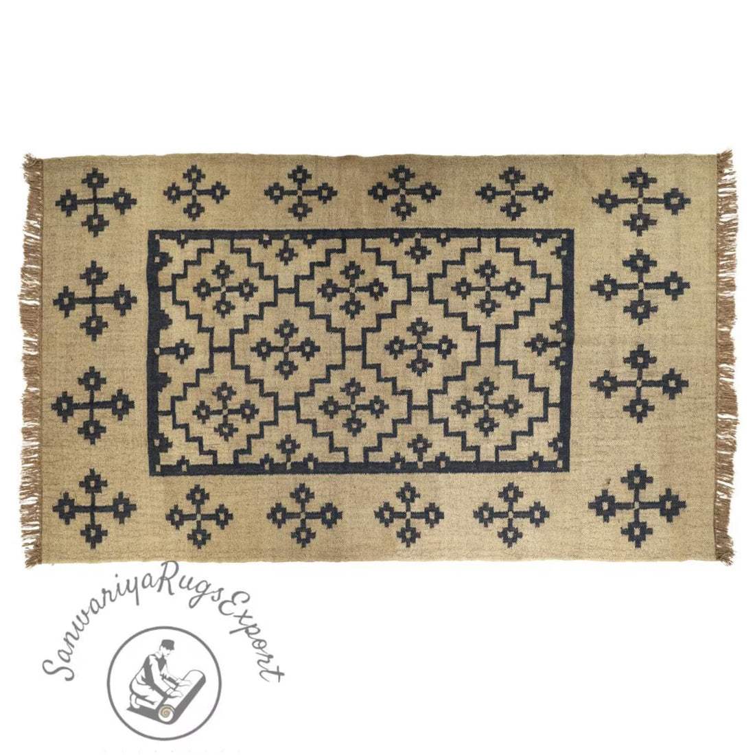 Handmade Wool Jute Kilim Rug – Geometric Indian Dhurrie