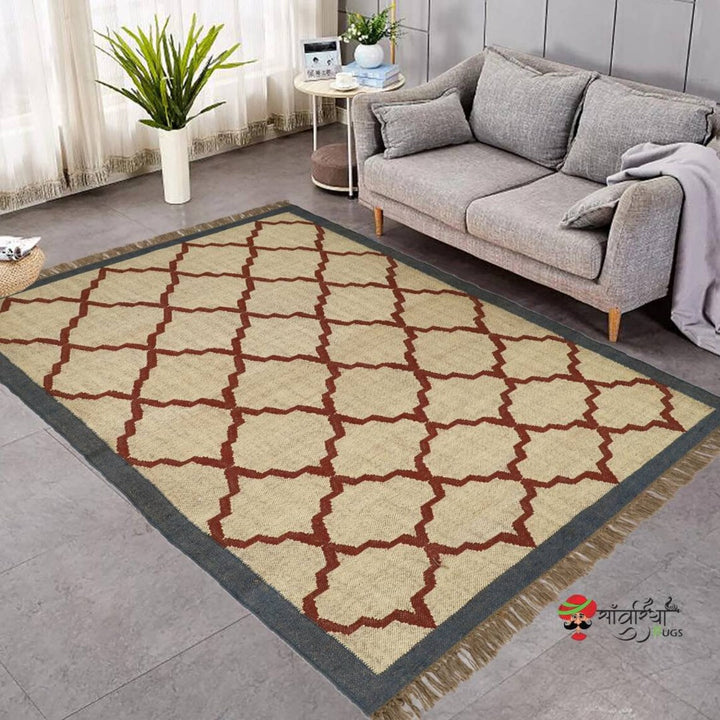 Handwoven Wool Jute Kilim Rug – Traditional Indian Dhurrie with Geometric Motifs