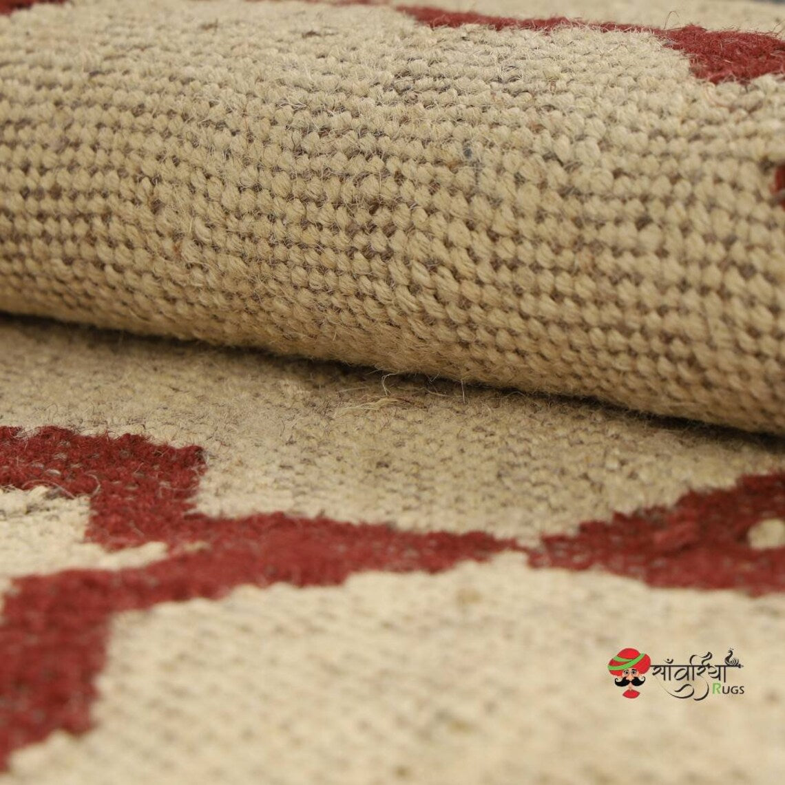 Handwoven Wool Jute Kilim Rug – Traditional Indian Dhurrie with Geometric Motifs