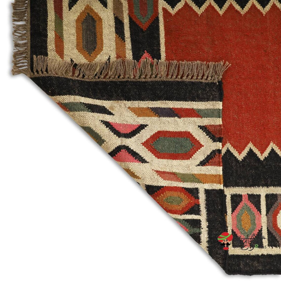 Handwoven Wool Jute Kilim Rug – Traditional Geometric Indian Dhurrie Carpet