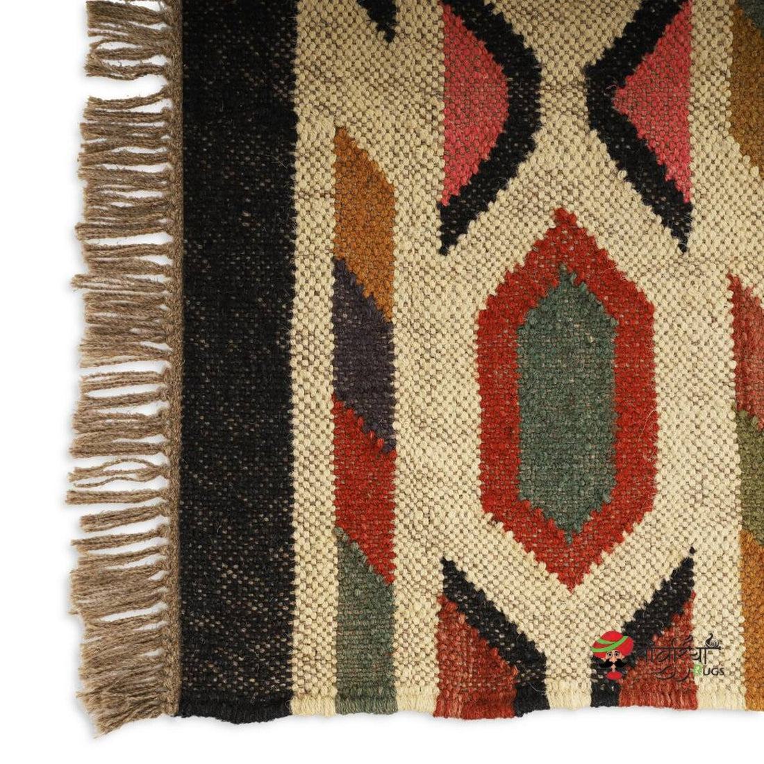 Handwoven Wool Jute Kilim Rug – Traditional Geometric Indian Dhurrie Carpet