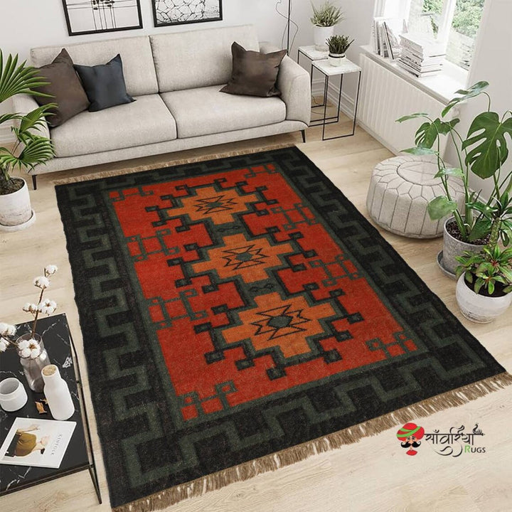 Handmade Wool and Jute Kilim Rug – Traditional Geometric Indian Dhurrie Carpet