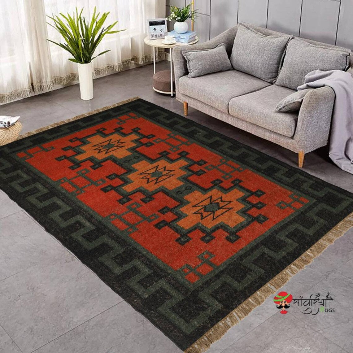 Handmade Wool and Jute Kilim Rug – Traditional Geometric Indian Dhurrie Carpet