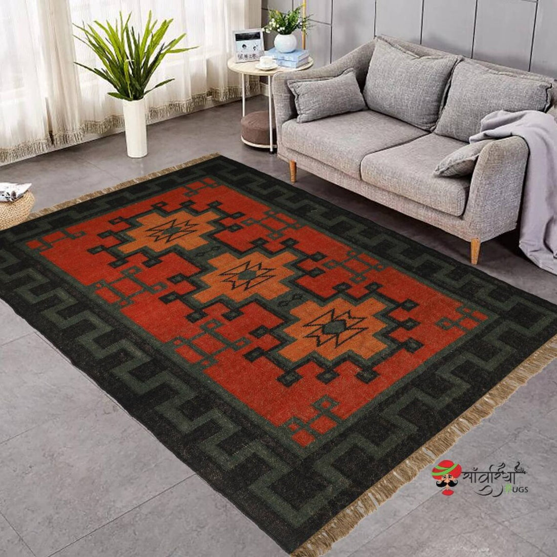 Handmade Wool and Jute Kilim Rug – Traditional Geometric Indian Dhurrie Carpet