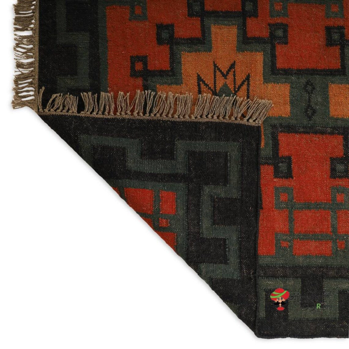 Handmade Wool and Jute Kilim Rug – Traditional Geometric Indian Dhurrie Carpet