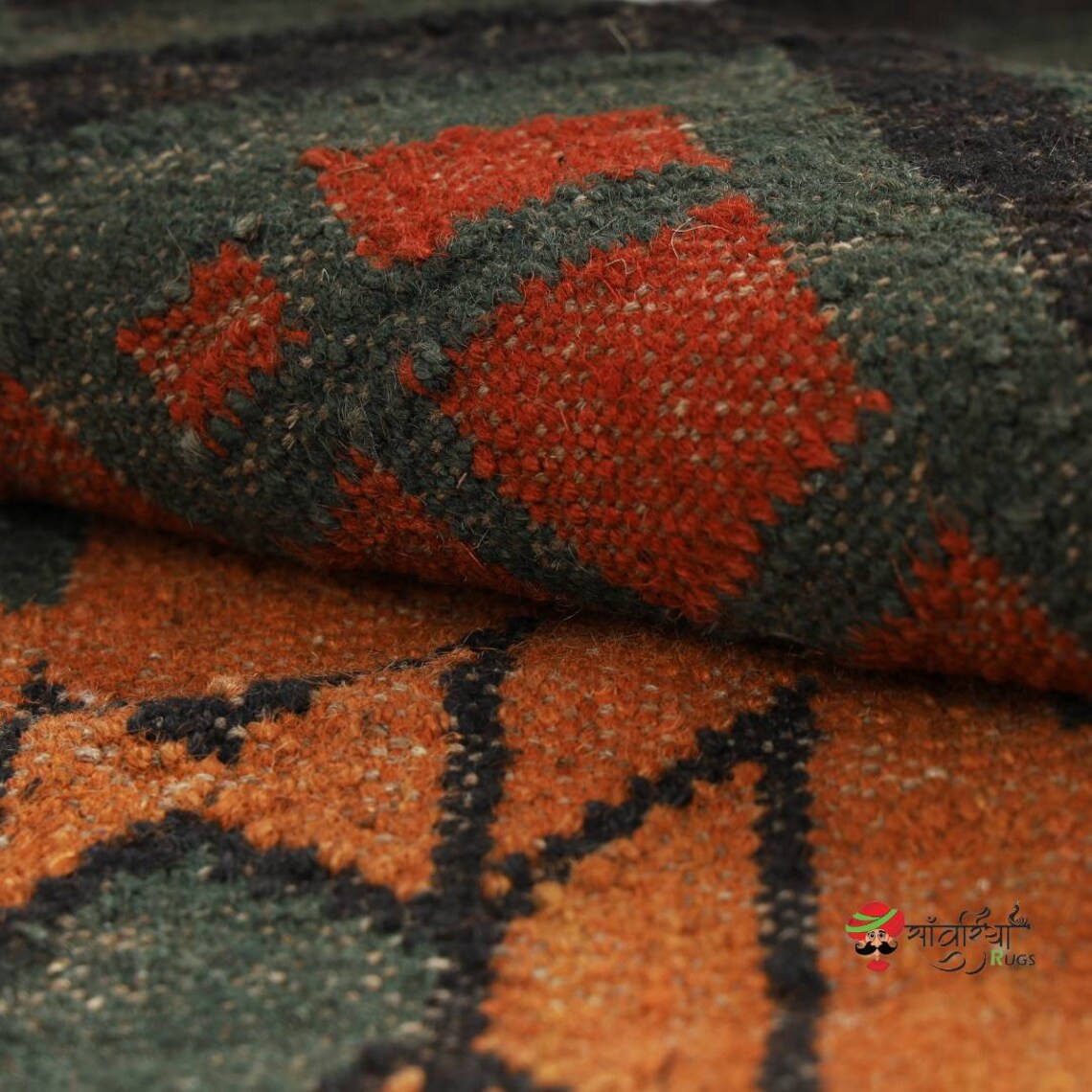 Handmade Wool and Jute Kilim Rug – Traditional Geometric Indian Dhurrie Carpet
