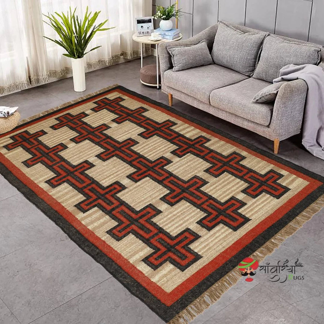 Handmade Kilim Rug Wool and Jute Dhurrie