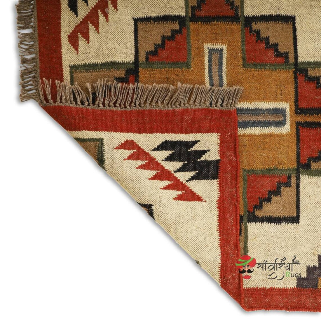 Handwoven Kilim Wool Jute Rug – Traditional Geometric Dhurrie Carpet for Living Room & Boho Home Décor