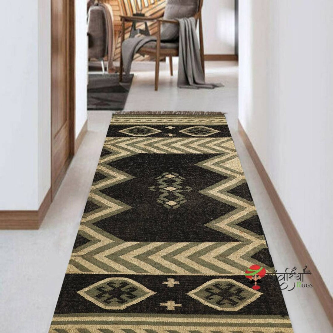 Handwoven Wool Jute Kilim Runner Rug with Traditional Oriental Geometric Patterns