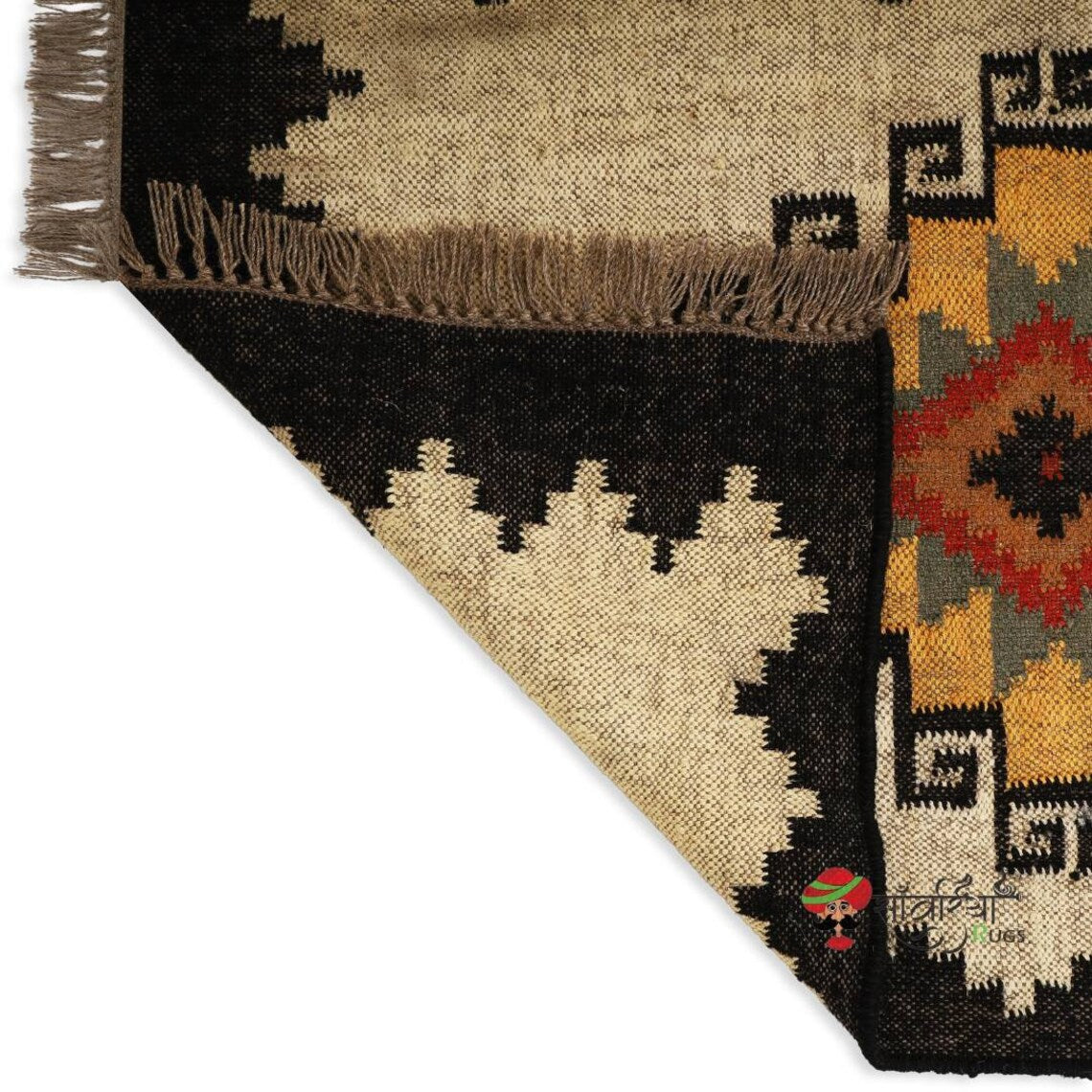 Handwoven Wool Jute Rug Handmade Kilim Dhurrie Rug, Motifs Oriental