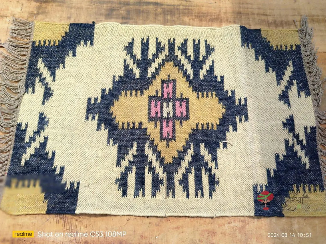 Handwoven Wool Jute Kilim Dhurrie Rug Runner, Geometric Indian Motifs Oriental Decor