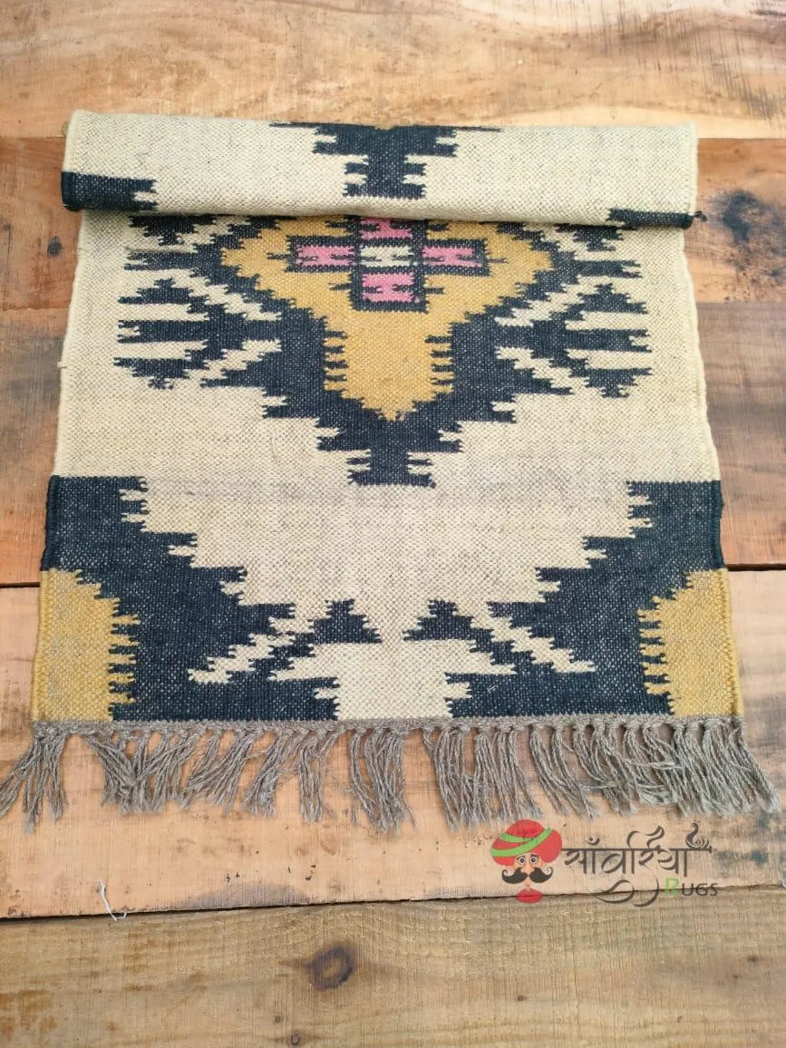 Handwoven Wool Jute Kilim Dhurrie Rug Runner, Geometric Indian Motifs Oriental Decor