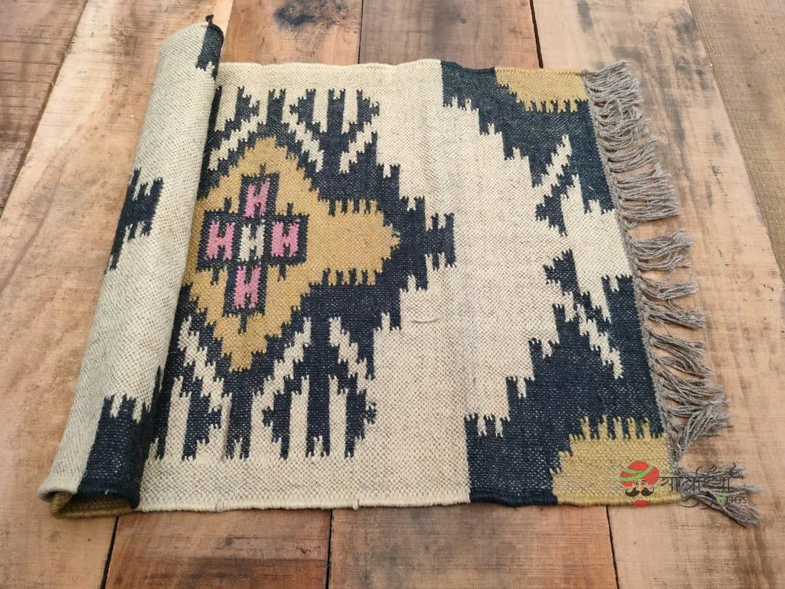 Handwoven Wool Jute Kilim Dhurrie Rug Runner, Geometric Indian Motifs Oriental Decor