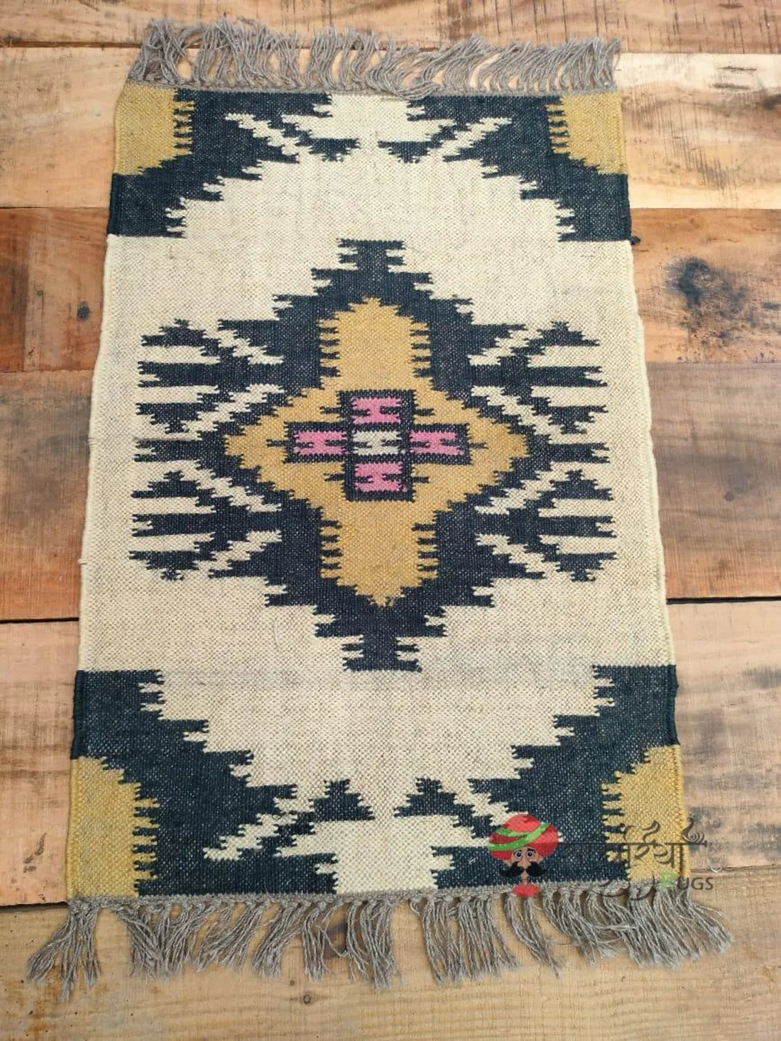 Handwoven Wool Jute Kilim Dhurrie Rug Runner, Geometric Indian Motifs Oriental Decor