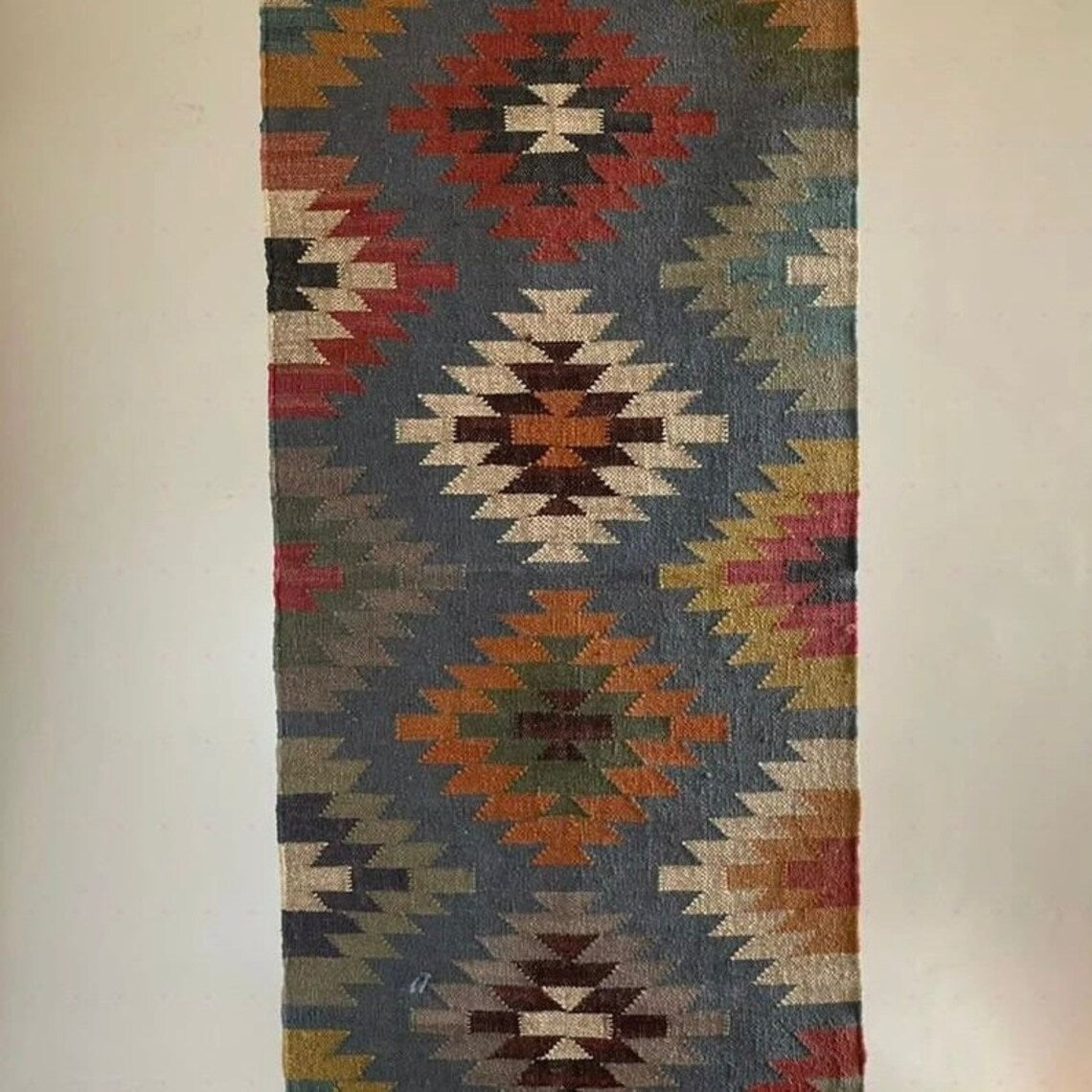 Handwoven Kilim Wool Jute Runner Rug with Traditional Geometric Oriental Motifs