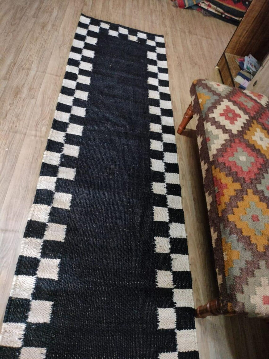 Handwoven Cotton Jute Kilim Rug | Traditional Flatweave Indian Dhurrie