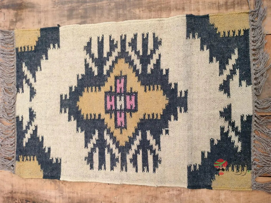 Handwoven Wool Jute Kilim Dhurrie Rug Runner, Geometric Indian Motifs Oriental Decor