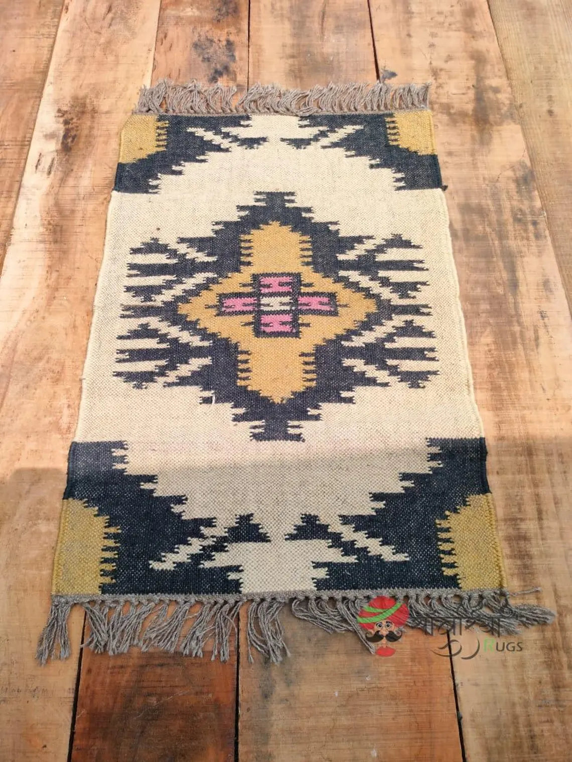 Handwoven Wool Jute Kilim Dhurrie Rug Runner, Geometric Indian Motifs Oriental Decor