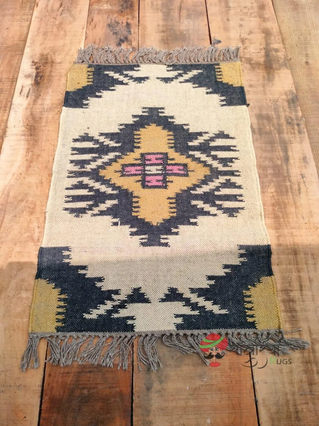 Handwoven Wool Jute Kilim Dhurrie Rug Runner, Geometric Indian Motifs Oriental Decor
