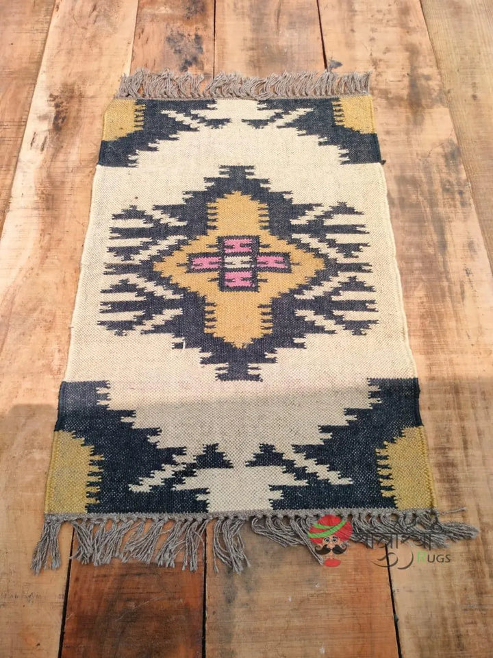 Handwoven Wool Jute Kilim Dhurrie Rug Runner, Geometric Indian Motifs Oriental Decor