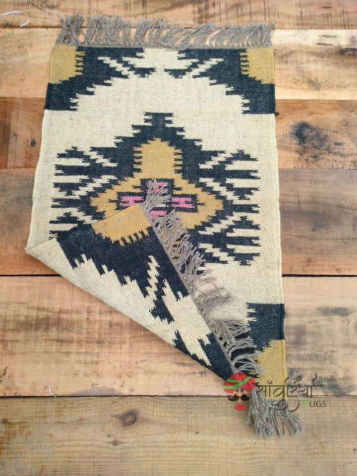 Handwoven Wool Jute Kilim Dhurrie Rug Runner, Geometric Indian Motifs Oriental Decor