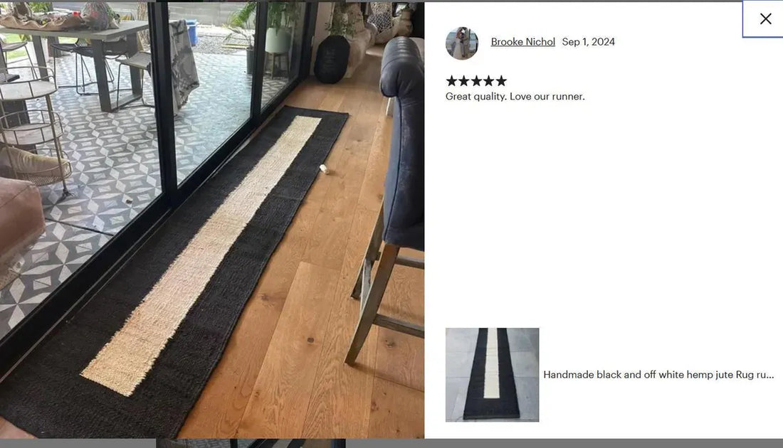 Handwoven Hemp Jute Runner with Black & Off-White Geometric Stripe Pattern