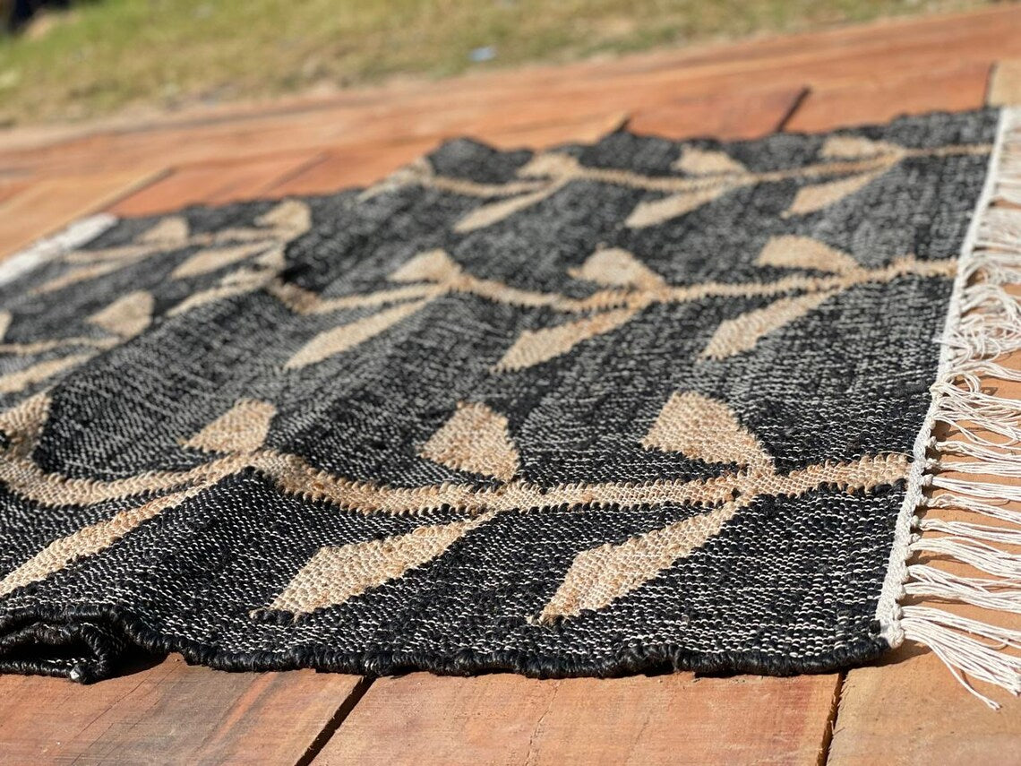 Handwoven Jute Cotton Rug | Bohemian Floral Runner | Eco-Friendly Natural Area Rug for Living Room & Bedroom | Sanwariya Rugs