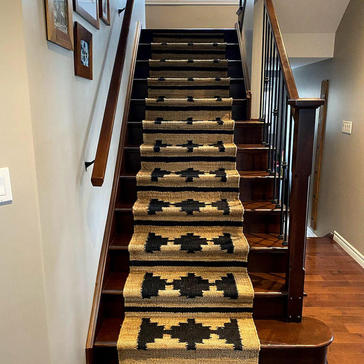 Natural & Black Handwoven Hemp Jute Runner | Eco-Friendly Stair & Hallway Rug